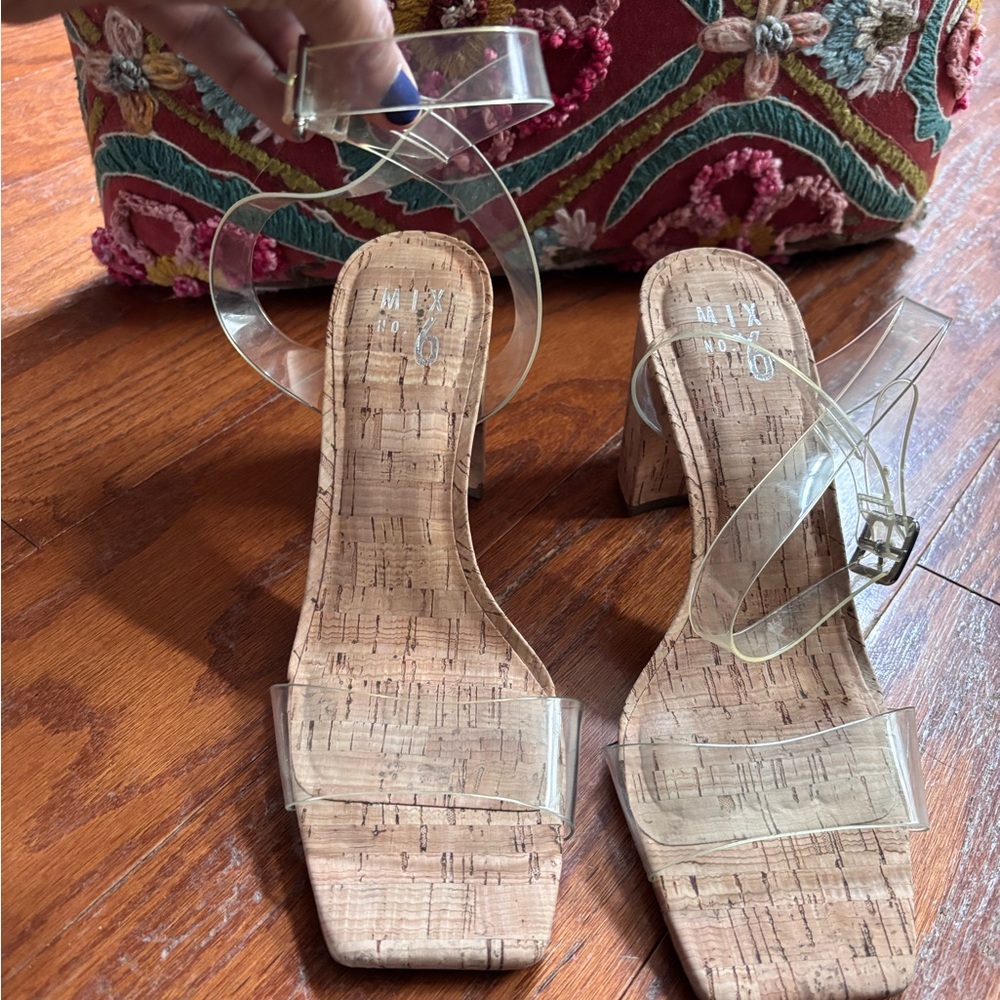 Never worn- Mix No. 6 Clear Strap Cork Block Heels